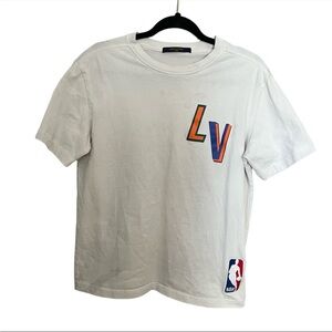 Louis Vuitton White Short Sleeve Tee with Orange & Blue LV Logo